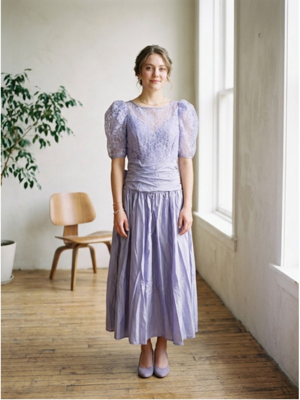 Vintage 80s Lavender Taffeta Lace Midi Prom Dress ILGWU 14
